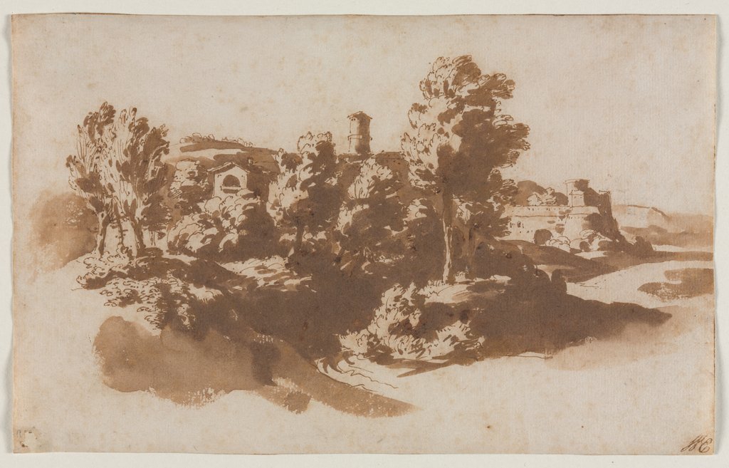 Detail of Landscape with Fortification Between Marino and Frascati, c. 1650 by Jacob van der Ulft; Gaspard Dughet; Nicolas Poussin (possibly)