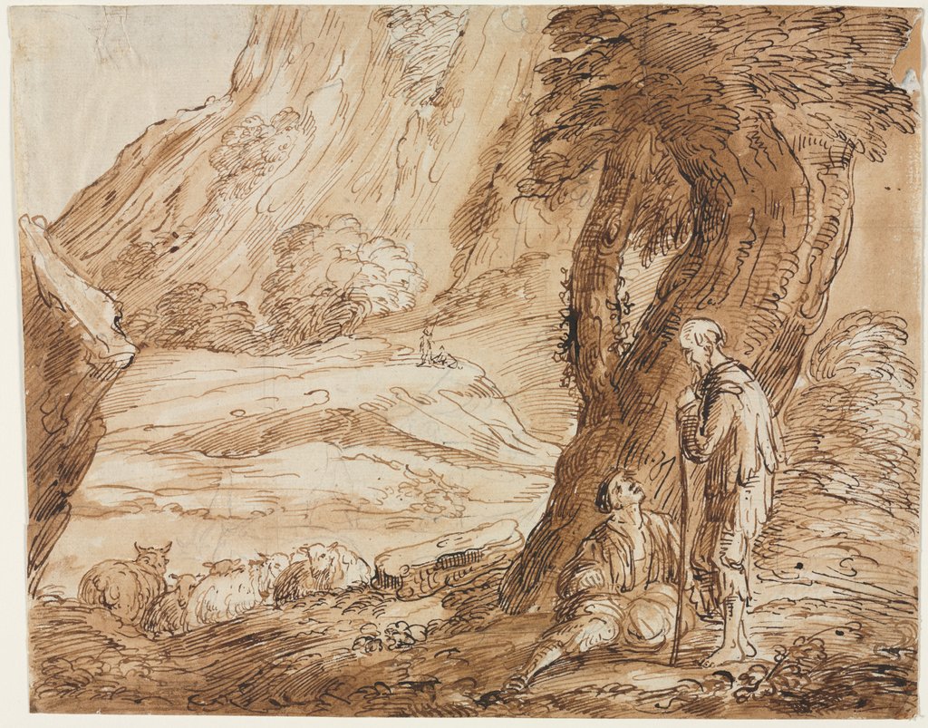 Detail of Landscape with Sheep and Two Shepherds by Thomas Barker