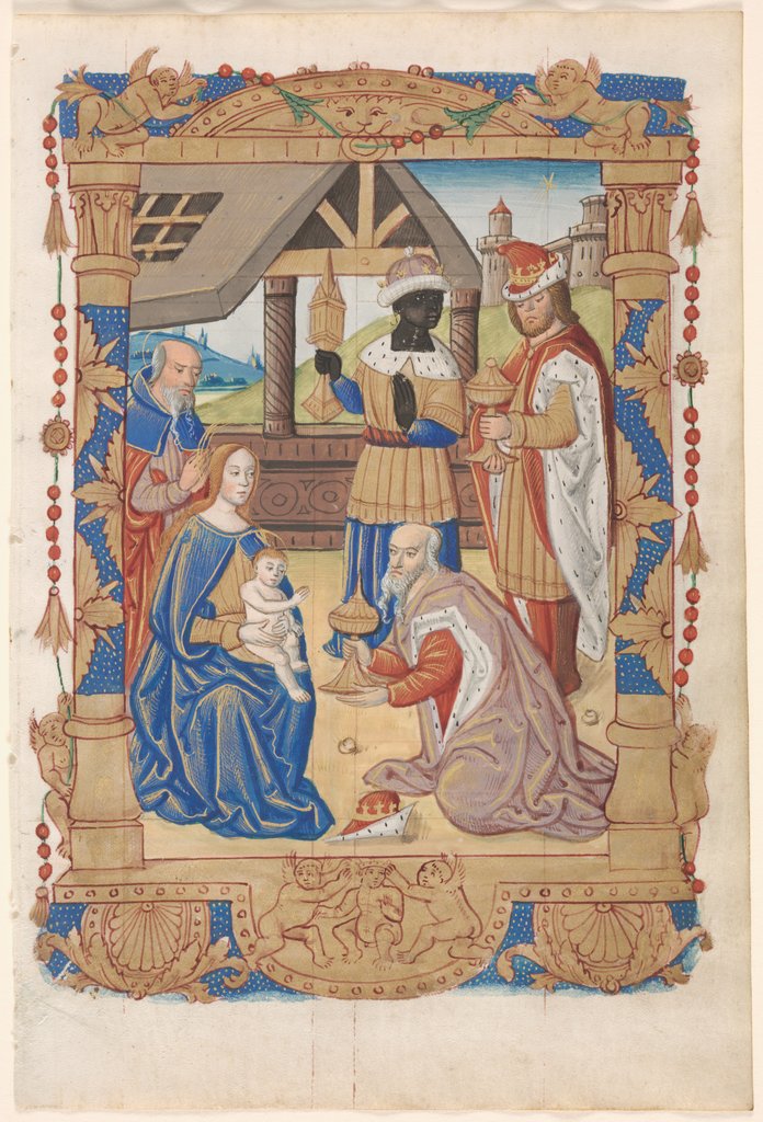 Detail of Leaf from a Book of Hours: Adoration of the Magi and Text with Illustrated Border.. by Unknown