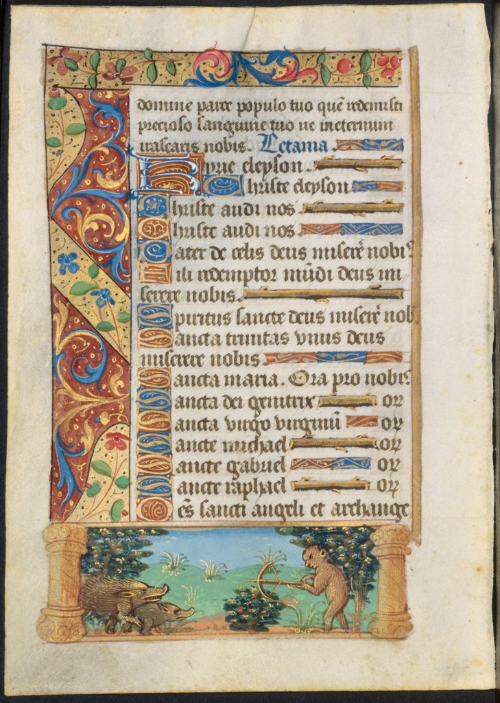 Detail of Leaf from a Book of Hours: Ape Hunting Wild Boars and Ape Fishing, c. 1500-1510 by Unknown