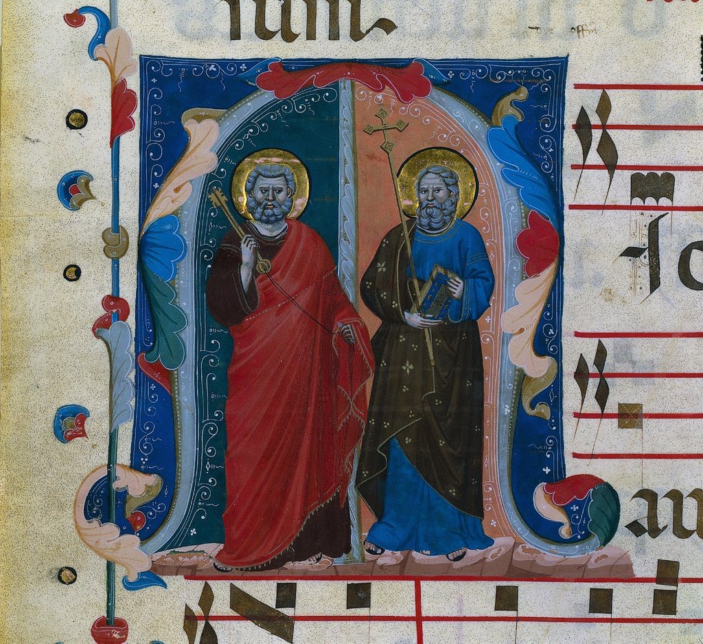 Detail of Leaf from a Gradual with Historiated Initial: SS. Peter and Andrew, c. 1320-1340 by Master of Isaac and Esau