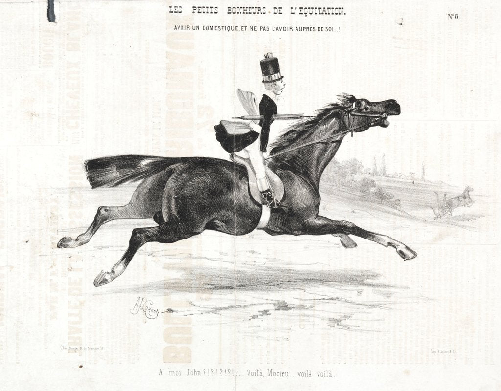 Detail of Les petits bonheurs de léquitation: Avoir un domestique, et ne pas lavoir auprès de soi…, 1842 by Alade Joseph Lorentz