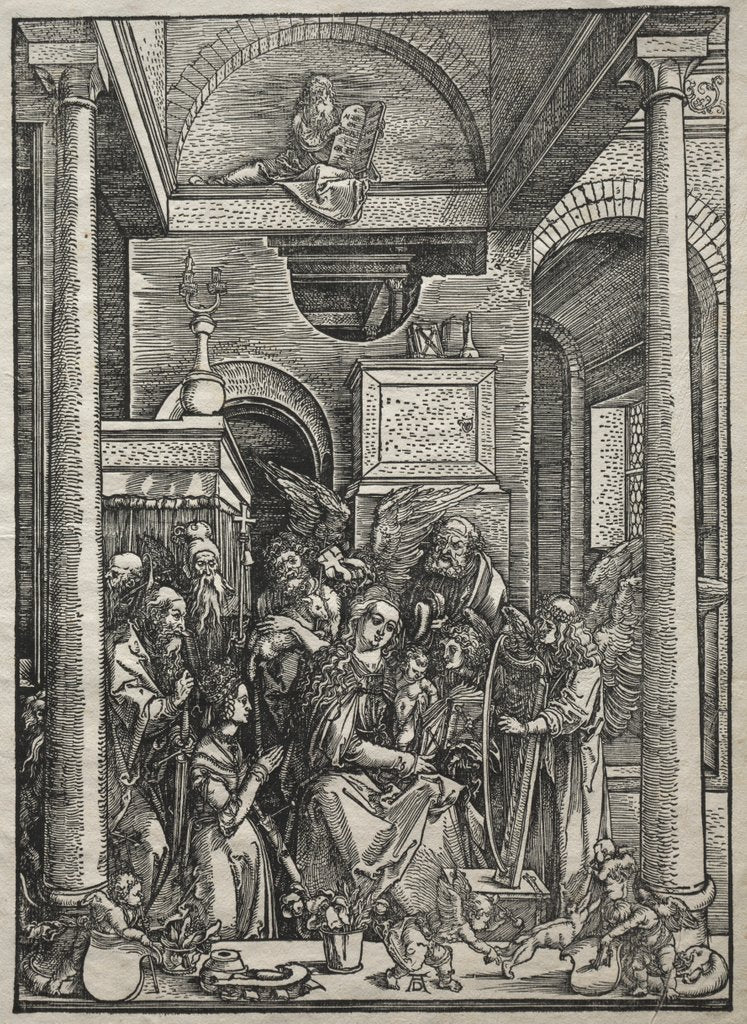 Detail of Life of the Virgin: Adoration of the Virgin and Child by Saints and Angels, 1504-1505 by Albrecht Dürer