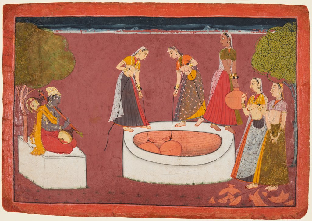 Detail of Madhava plays his vina before five women drawing water from a well, from a Madhavanala…, c. 1700 by Unknown