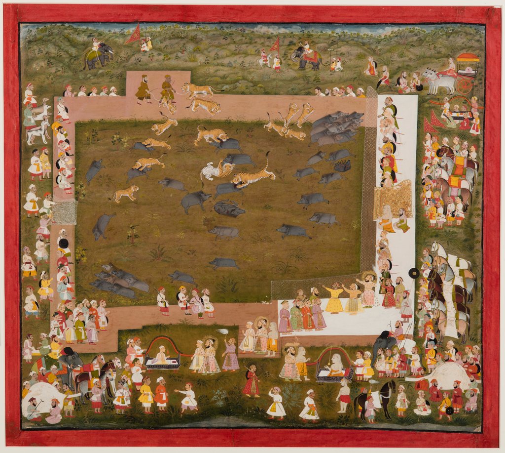 Detail of Maharaja Sangram Singh and his court observe a fight between tigers and boars at Sadri, c. 1720 by Unknown