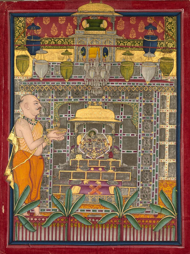 Detail of Maharao Kishor Singh dressed as a Vallabha priest worshipping Krishna as Brijrajji, mid 1800s by Unknown