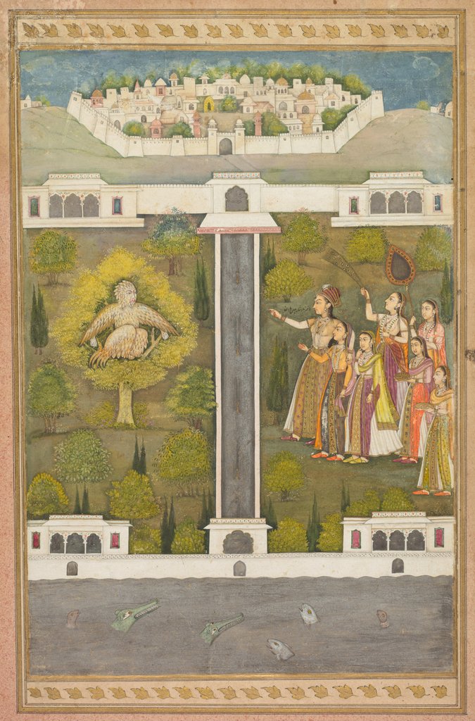 Detail of Mahliqa, Daughter of the Emperor of China, Pointing at the Bird-Man Khwaja Mubarak…, c. 1710 by Unknown