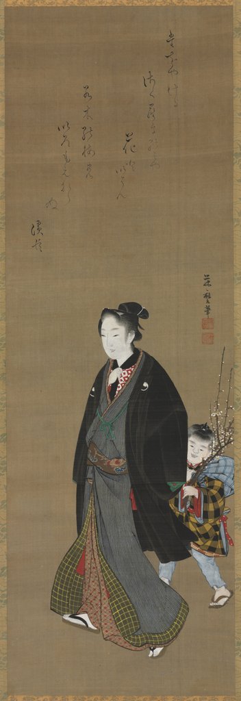 Detail of Man Strolling with a Boy Carrying Flowering Branch, c. 1810 by Kitagawa Fujimaro