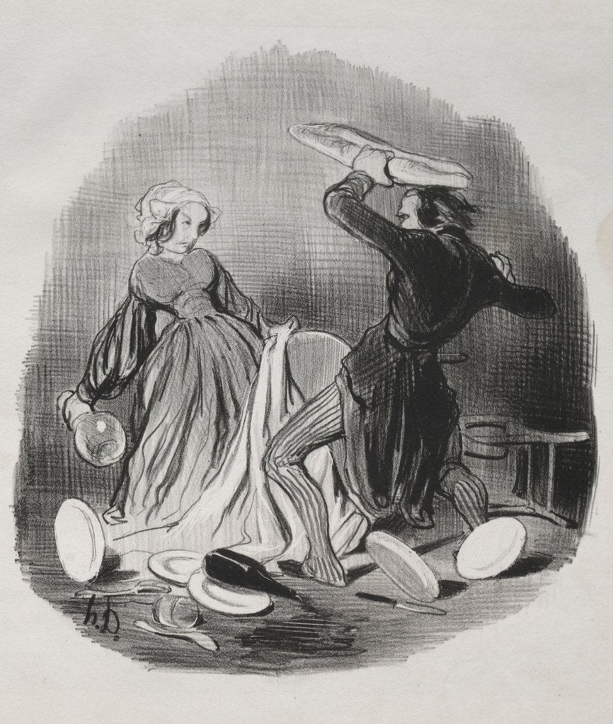 Detail of Matrimonial Customs: Ah! you think your wife does not provide enough for you, villian…, 1841 by Honoré Daumier; Aubert