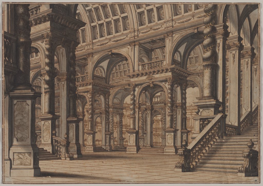 Detail of Monumental Vaulted Hall with Staircase by Giuseppe Galli Bibiena
