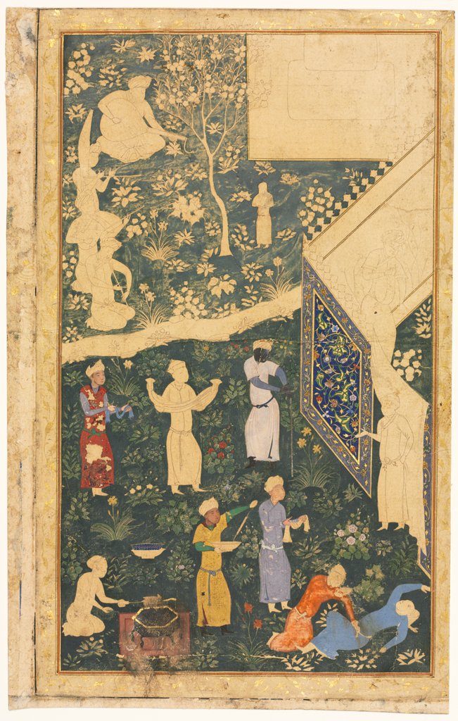 Detail of Musicians and Servants Outside a Royal Encampment, c. 1485 by Bihzad (style of)