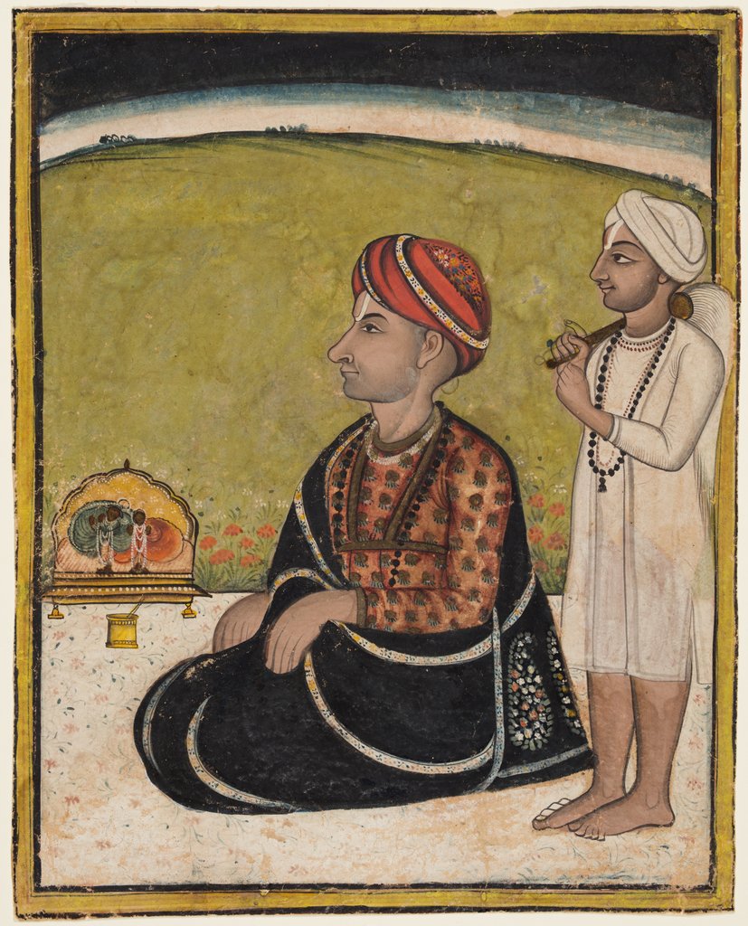 Detail of Noble seated on an outdoor parapet worshiping a shrine of Krishna fluting, c. 1800 by Unknown