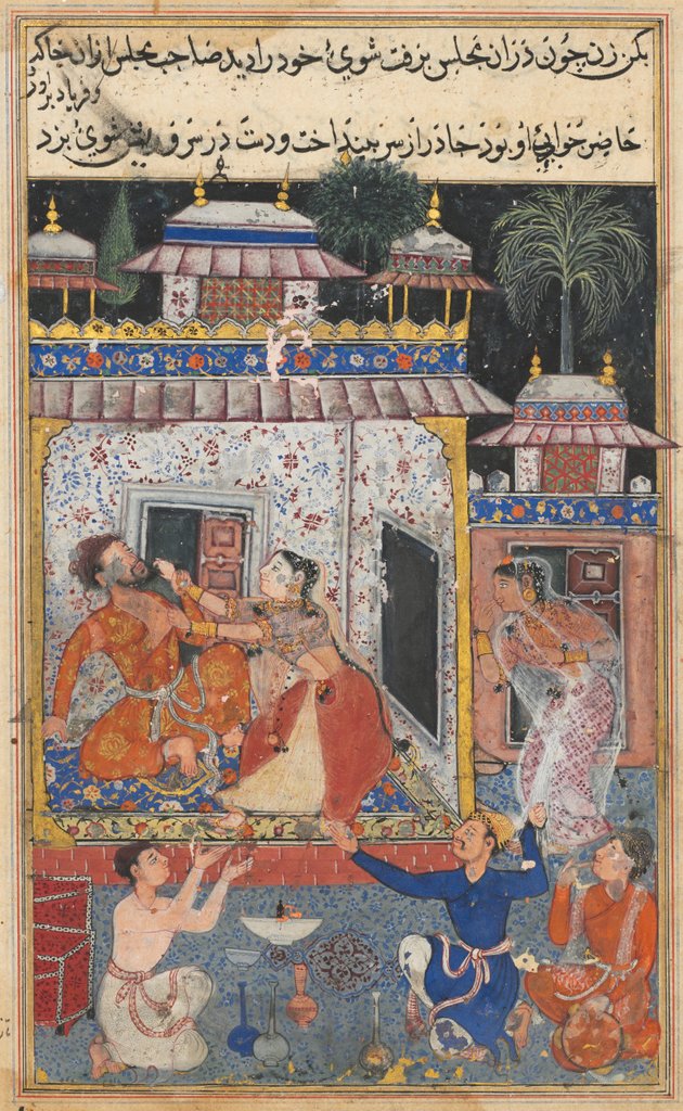Detail of Page from Tales of a Parrot: Eighth night: The deceitful wife assaults?, c. 1560 by Unknown
