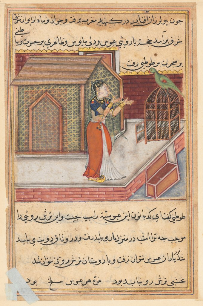 Detail of Page from Tales of a Parrot: Forty-ninth night: The parrot addresses Khujasta…, c1560 by Unknown