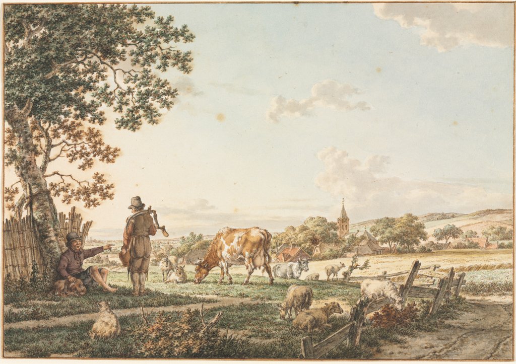 Detail of Pastoral Landscape with Village, 1799 by Jacob Cats