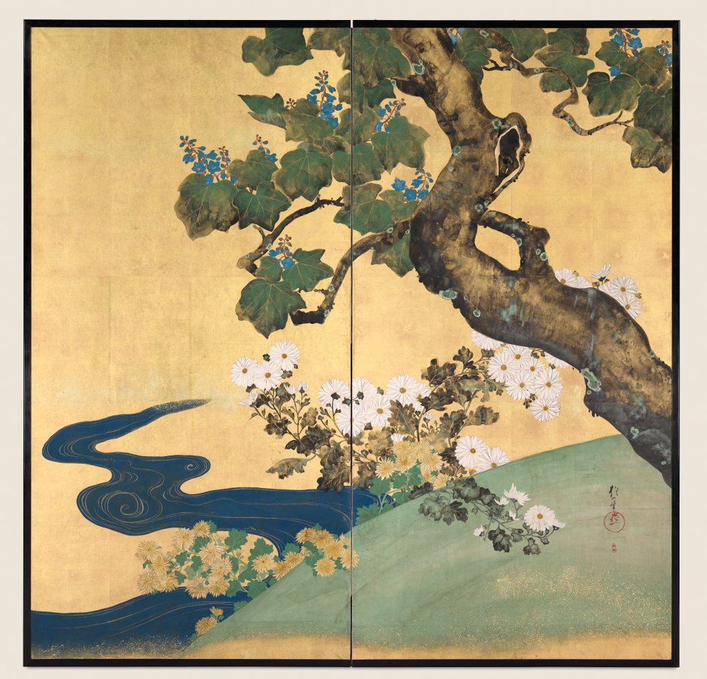 Detail of Paulownias and Chrysanthemums, late 1700s-early 1800s by Sakai Hoitsu