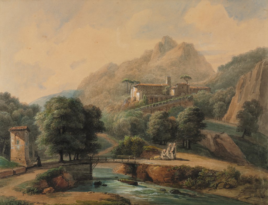 Detail of Paysage Italien: LAbbaye et Les Religieux, late 1800s-1900s by Jean-Victor Bertin