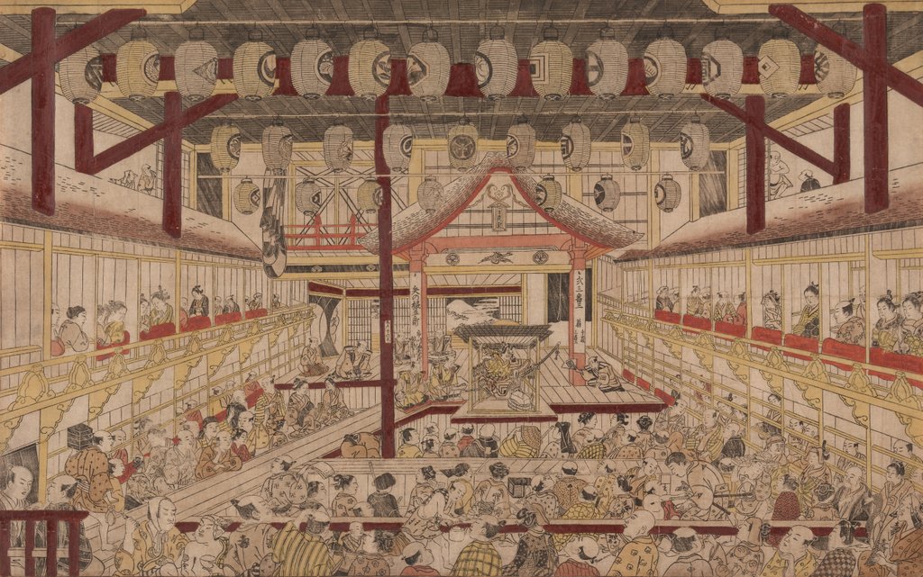 Detail of Perspective View of the Interior of the Nakamura Theater with Ichikawa Ebizo II as Yanone Goro, 1740 by Okumura Masanobu