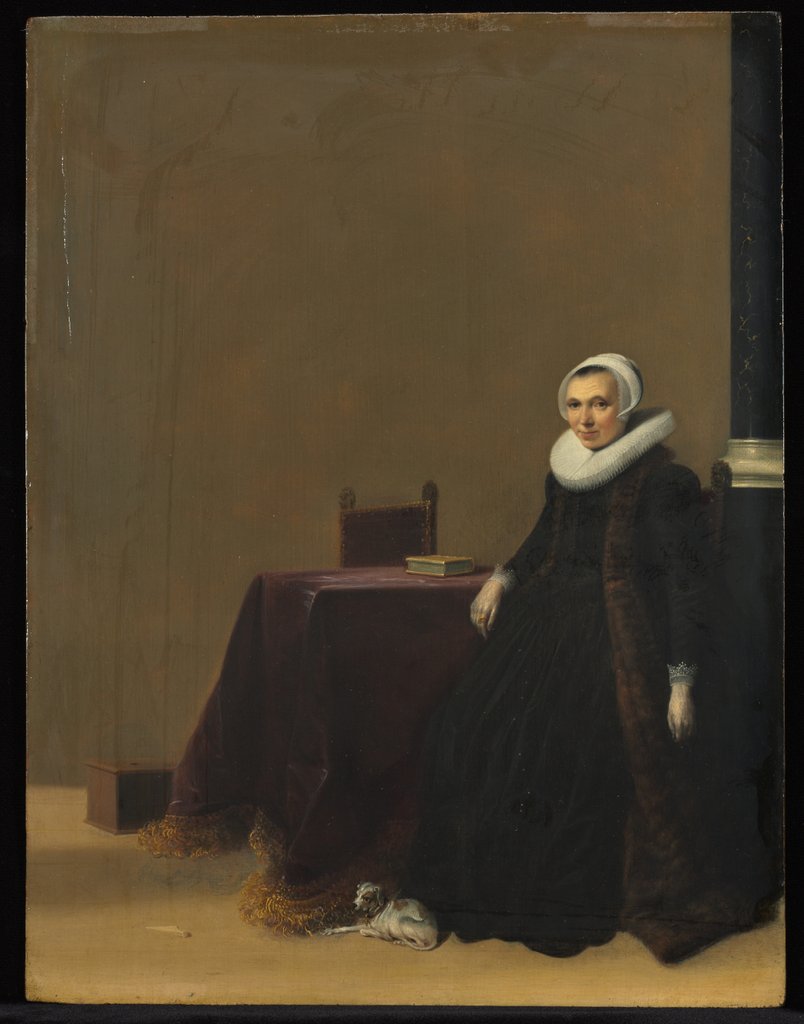 Detail of Portrait of a Woman with a Dog, c. 1635 by Hendrik Gerritsz. Pot