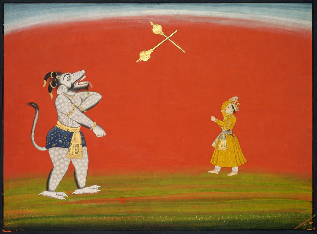 Detail of Pradyumna and Samvara fight with maces: Leaf from the 'Large Basohli Bhagavata Purana', c. 1760-1765 by Unknown