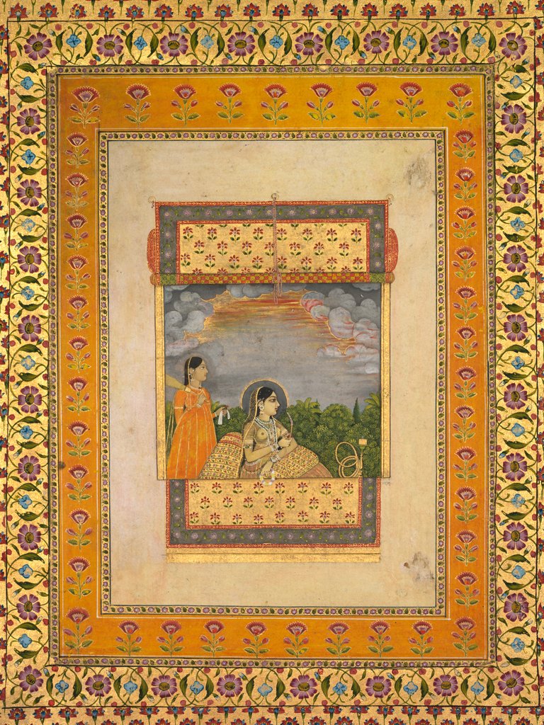 Detail of Princess and attendant in trompe l?oeil window, c. 1765 by Aqil Khan