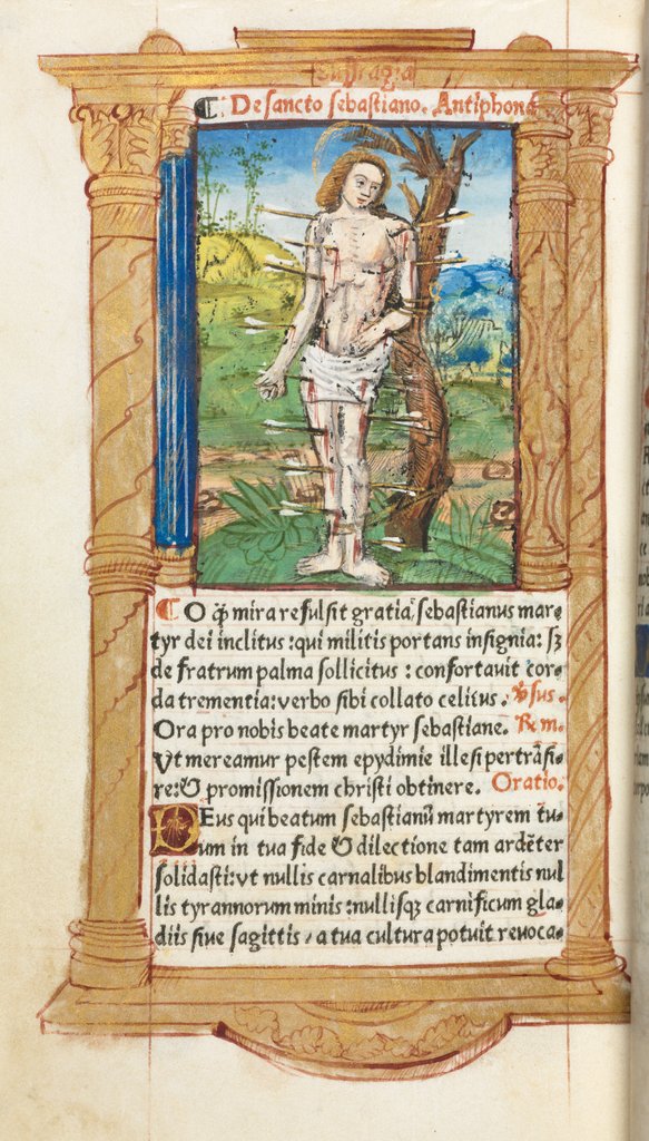 Detail of Printed Book of Hours: fol. 102v, St. Sebastian, 1510 by Guillaume Le Rouge