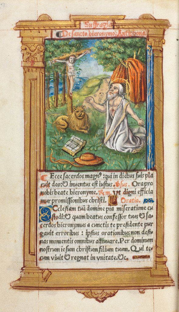 Detail of Printed Book of Hours: fol. 107v, St. Jerome and the Lion, 1510 by Guillaume Le Rouge