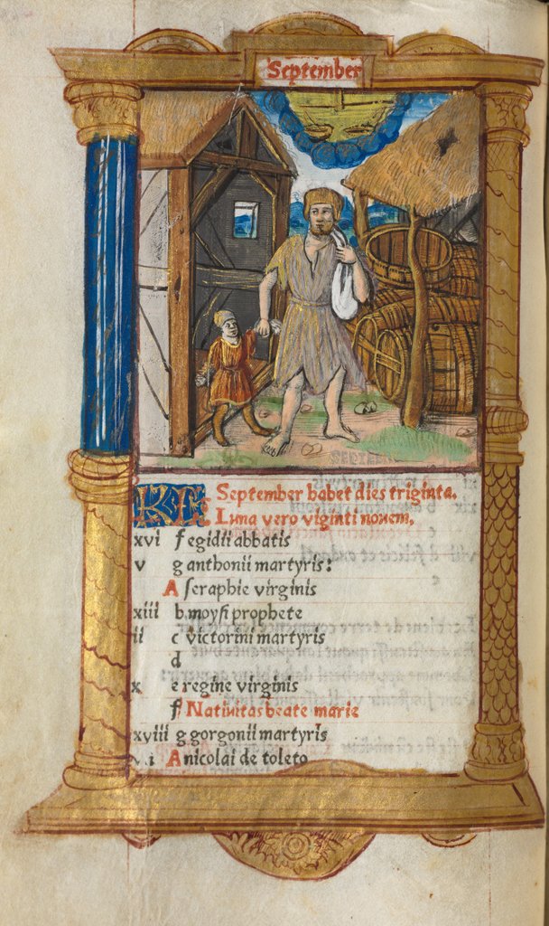 Detail of Printed Book of Hours: fol. 10v, September calendar illustration, 1510 by Guillaume Le Rouge