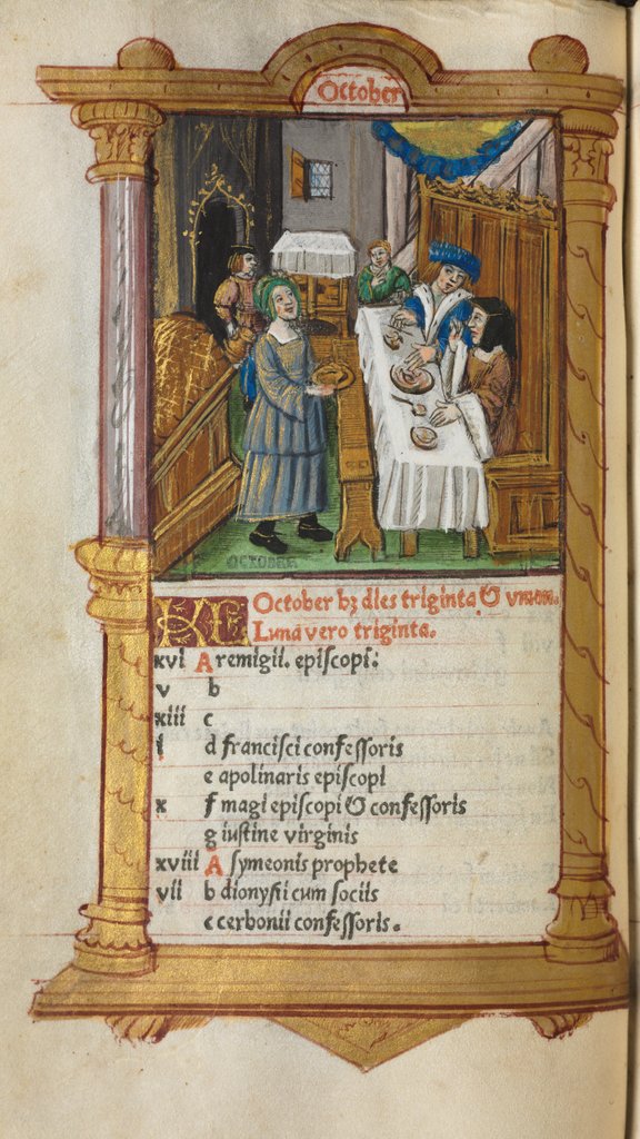 Detail of Printed Book of Hours: fol. 11v, October calendar page, 1510 by Guillaume Le Rouge
