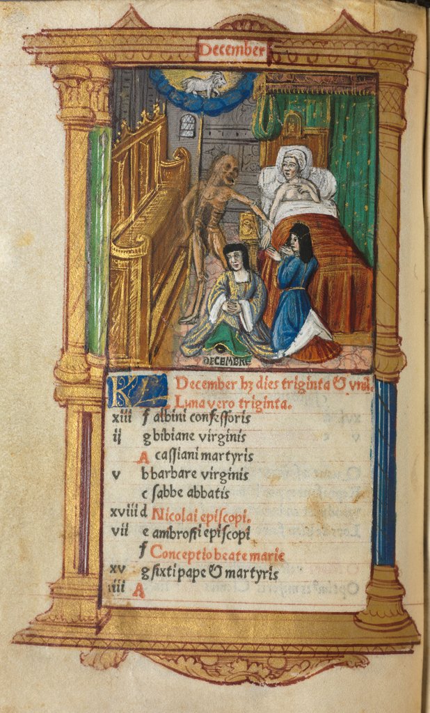 Detail of Printed Book of Hours: fol. 13v, December calendar page, 1510 by Guillaume Le Rouge