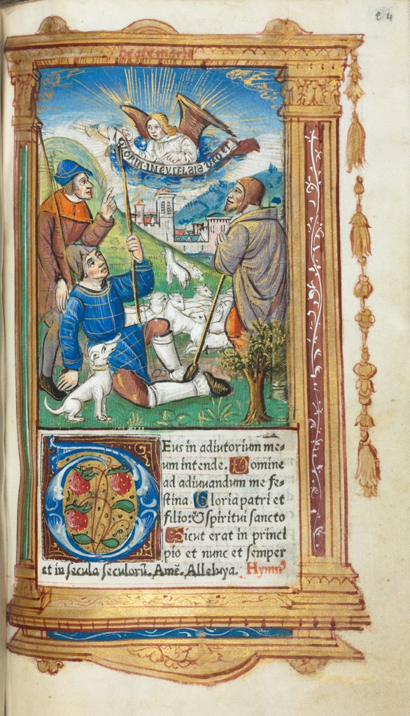 Detail of Printed Book of Hours: fol. 36r, Annunciation to the Shepherds, 1510 by Guillaume Le Rouge