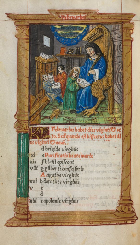 Detail of Printed Book of Hours: fol. 3v, February calendar illustration, 1510 by Guillaume Le Rouge
