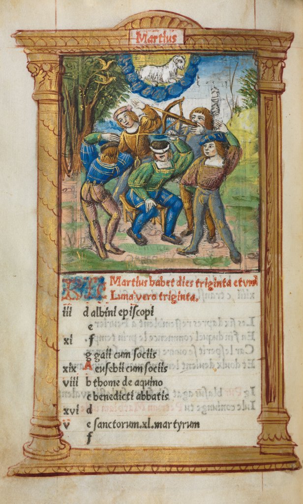 Detail of Printed Book of Hours: fol. 4v, March calendar illustration, 1510 by Guillaume Le Rouge