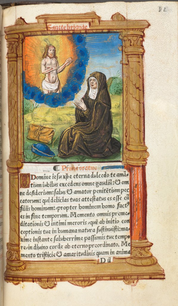 Detail of Printed Book of Hours: fol. 90r, St. Bridget in Prayer before an Apparition of Christ, by Guillaume Le Rouge