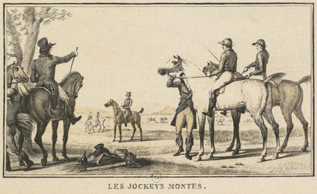 Detail of Racing Scenes: The Jockey Mounting the Horse by Carle Vernet; Jazet and Aumont