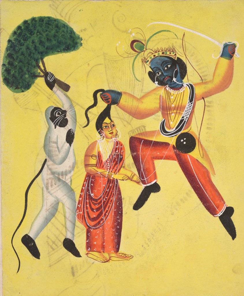Detail of Rama and Hanuman, Holding an Uprooted Tree, Rescues Sita, 1800s by Unknown