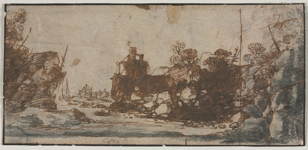 Detail of Rocky Inlet with Boats and Buildings, 1600s by Unknown