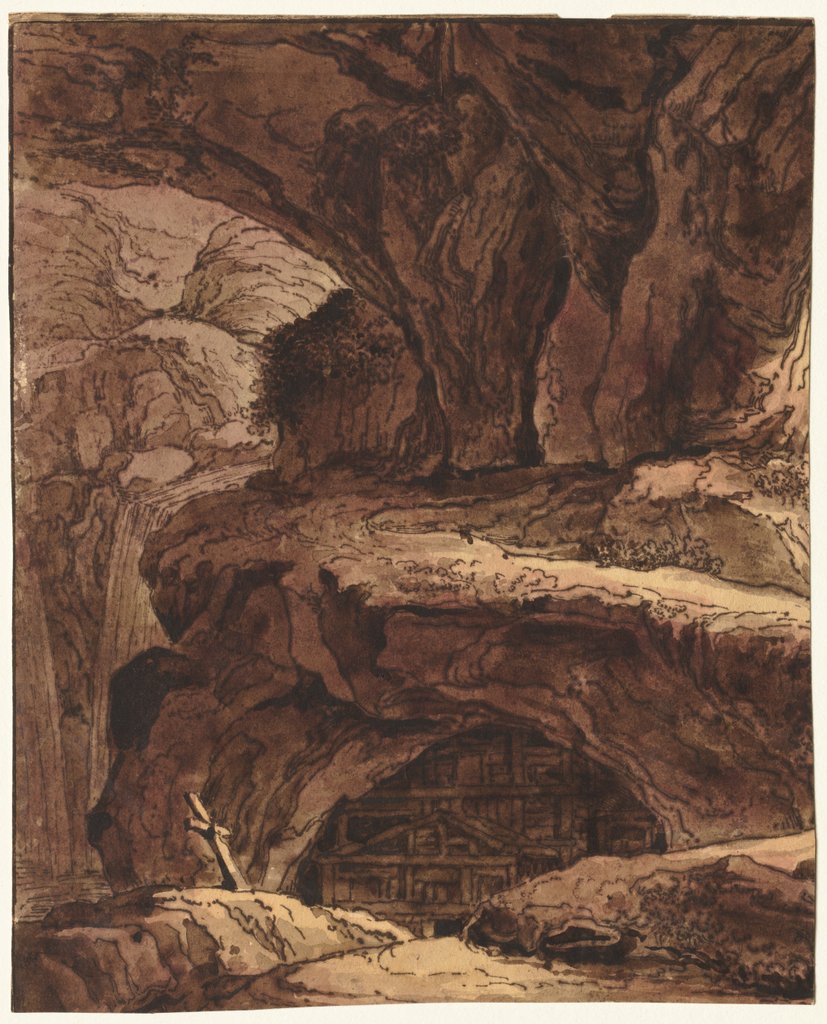 Detail of Rocky Landscape with a Cave Chapel, 19th century by Johann Martin von Rohoden (attributed to)