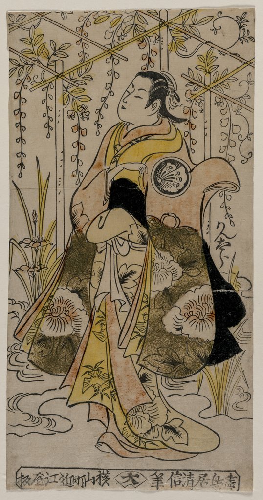 Detail of Sanjo Kantaro as a Young Woman Standing in a Wisteria Arbor, c. early or mid 1730s by Torii Kiyonobu I