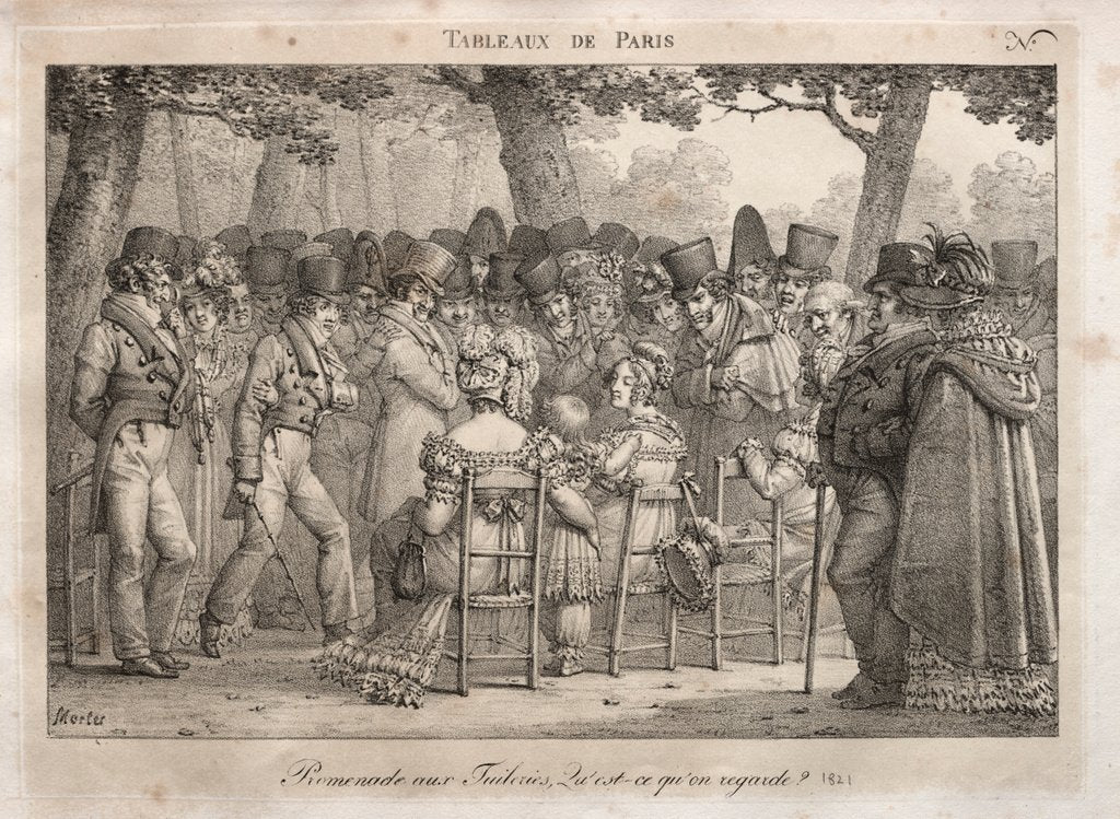 Detail of Scenes of Paris: Promenade in the Tuileries. What are they looking at? by Jean Henri Marlet