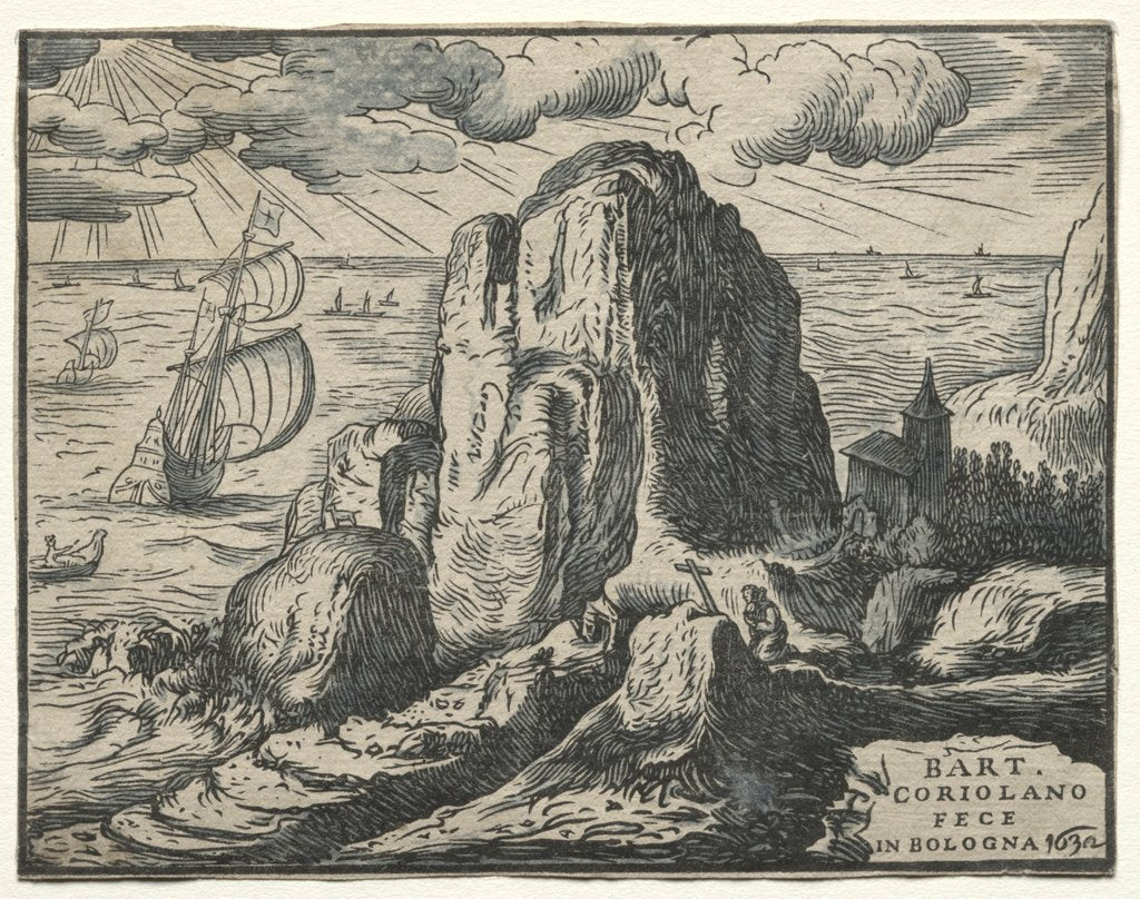 Detail of Set of 4 Landscapes: No. 4 - Cliff on the Seashore by Hendrick Goltzius