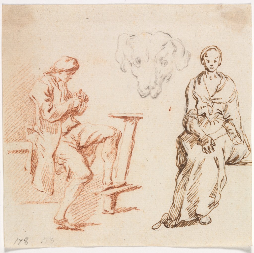 Detail of Sheet of Studies: Seated Man, Head of a Dog, Seated Woman, 1700s by Claude-Joseph Vernet