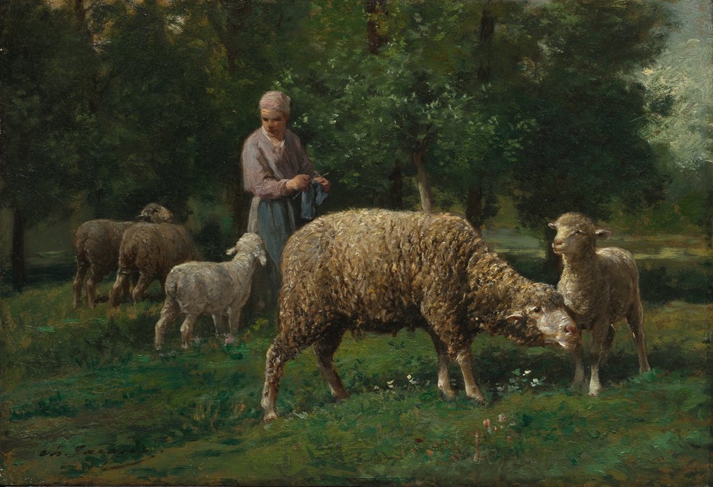Detail of Shepherdess with Sheep, c. 1876 by Charles-Émile Jacque
