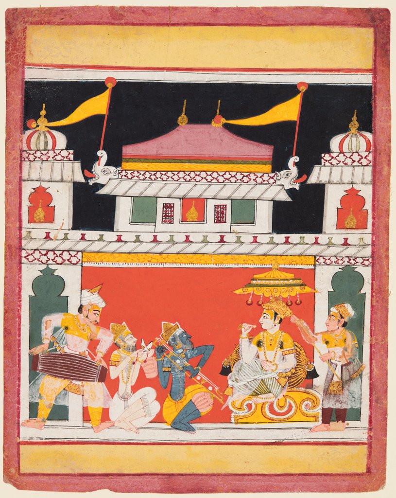Detail of Shri Raga, from a Ragamala series; Three musicians perform before a noble, c. 1650 by Unknown