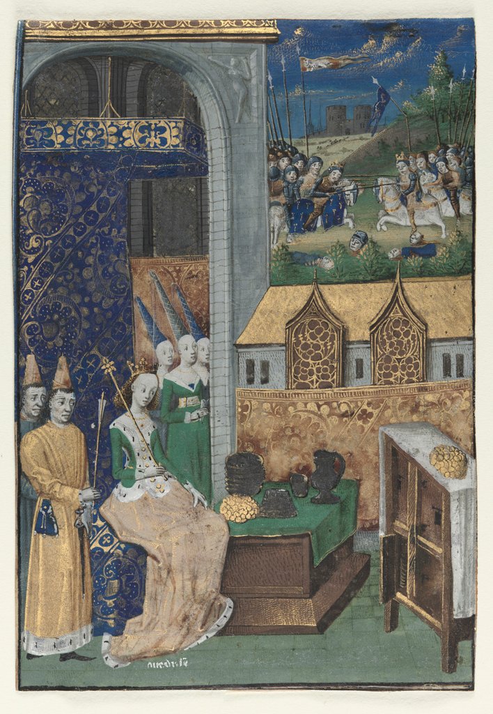 Detail of Single Miniature Excised from Boccaccio's Des Cleres et nobles femmes: Queen Medusa…, c. 1470 by Maître François (circle of)