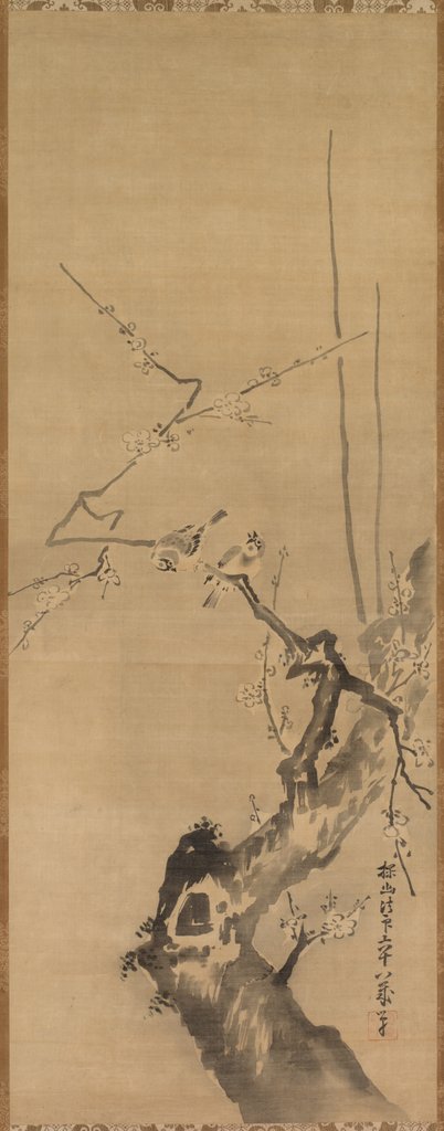 Detail of Sparrows on Blossoming Plum, 17th century by Kano Tan?y? (attributed to)