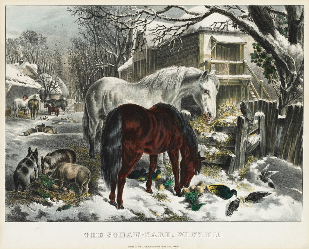 Detail of Straw-yard, Winter, 1800s by James Merritt Ives; Nathaniel Currier