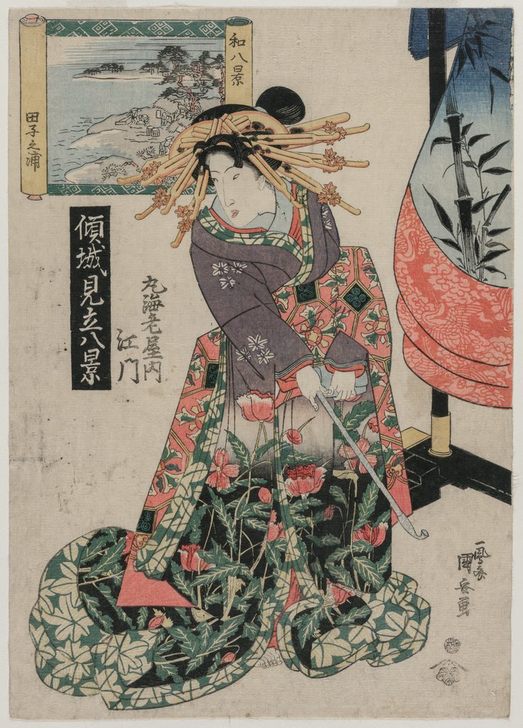 Detail of The Courtesan Emon of Maruebiya with a View of Tago Bay…, c. late 1820s or early 1830s by Ipposai Kuniyasu