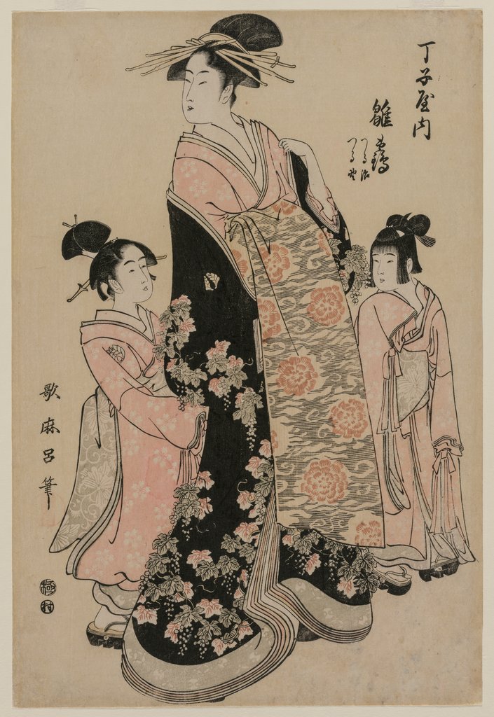 Detail of The Courtesan Hinazuru of Chojiya with her Attendants Tsuruji and Tsuruno, c. 1794 by Kitagawa Utamaro