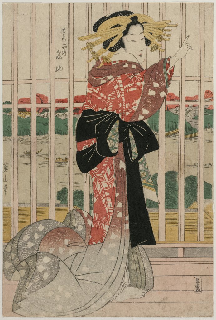 Detail of The Courtesan Meizan of the Chojiya on a Balcony Overlooking the Sumida River, c.early or mid 1820s by Eizan Kikugawa